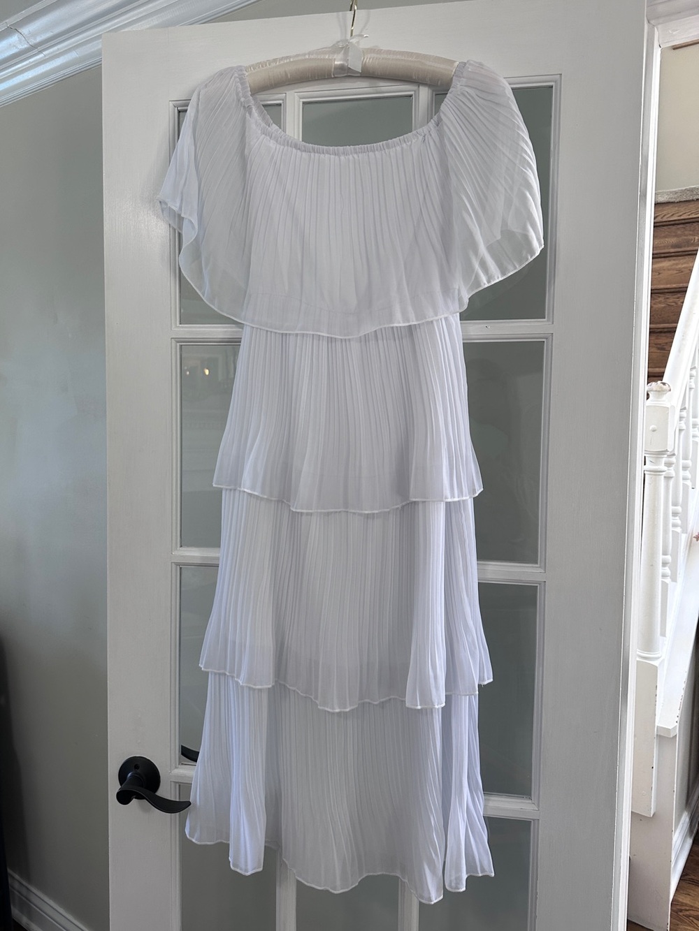 White Tiered Off-Shoulder Pleated Dress